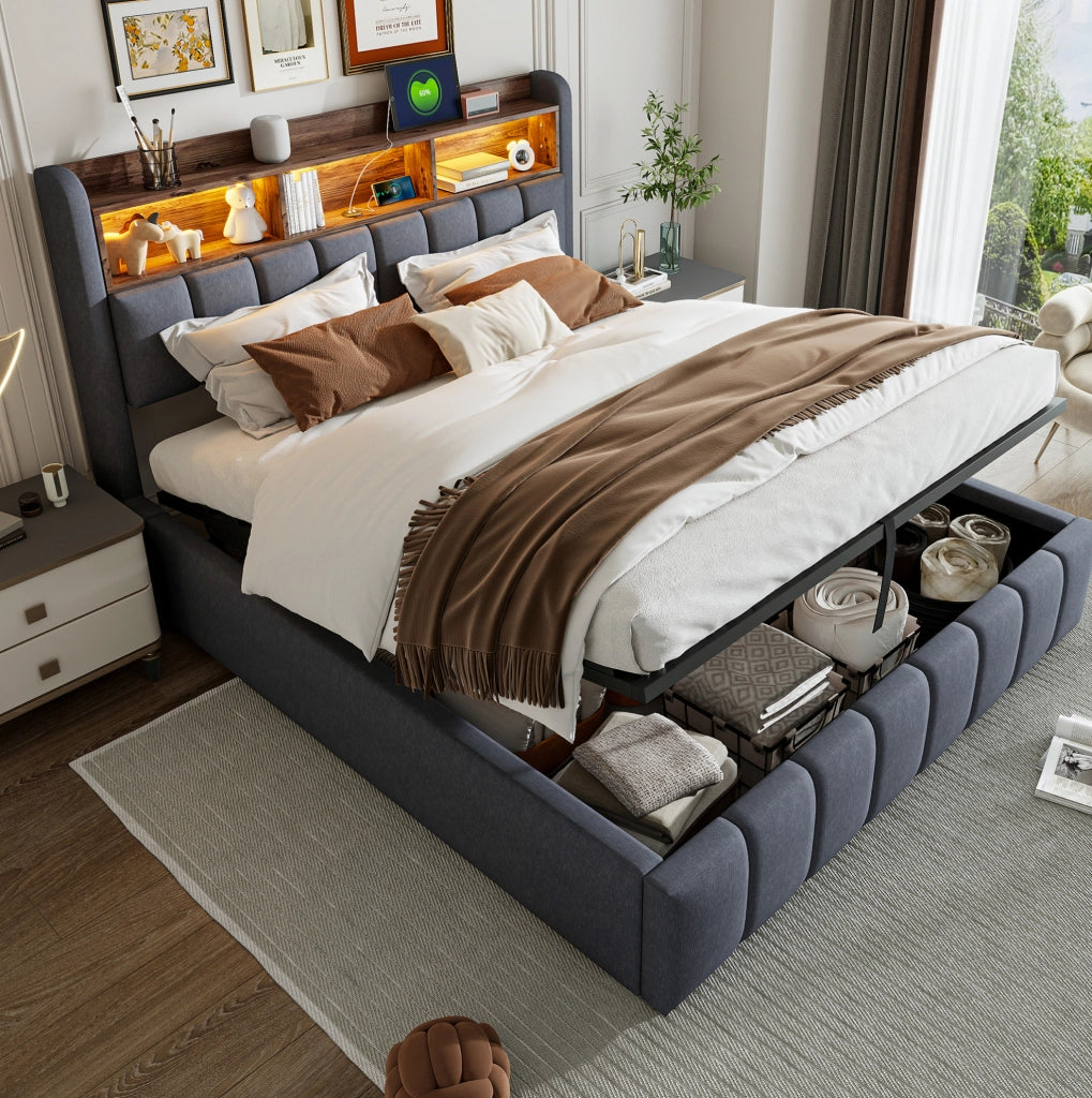 Letto imbottito 180x200 cm con LED; contenitore; USB e Type-C; grigio