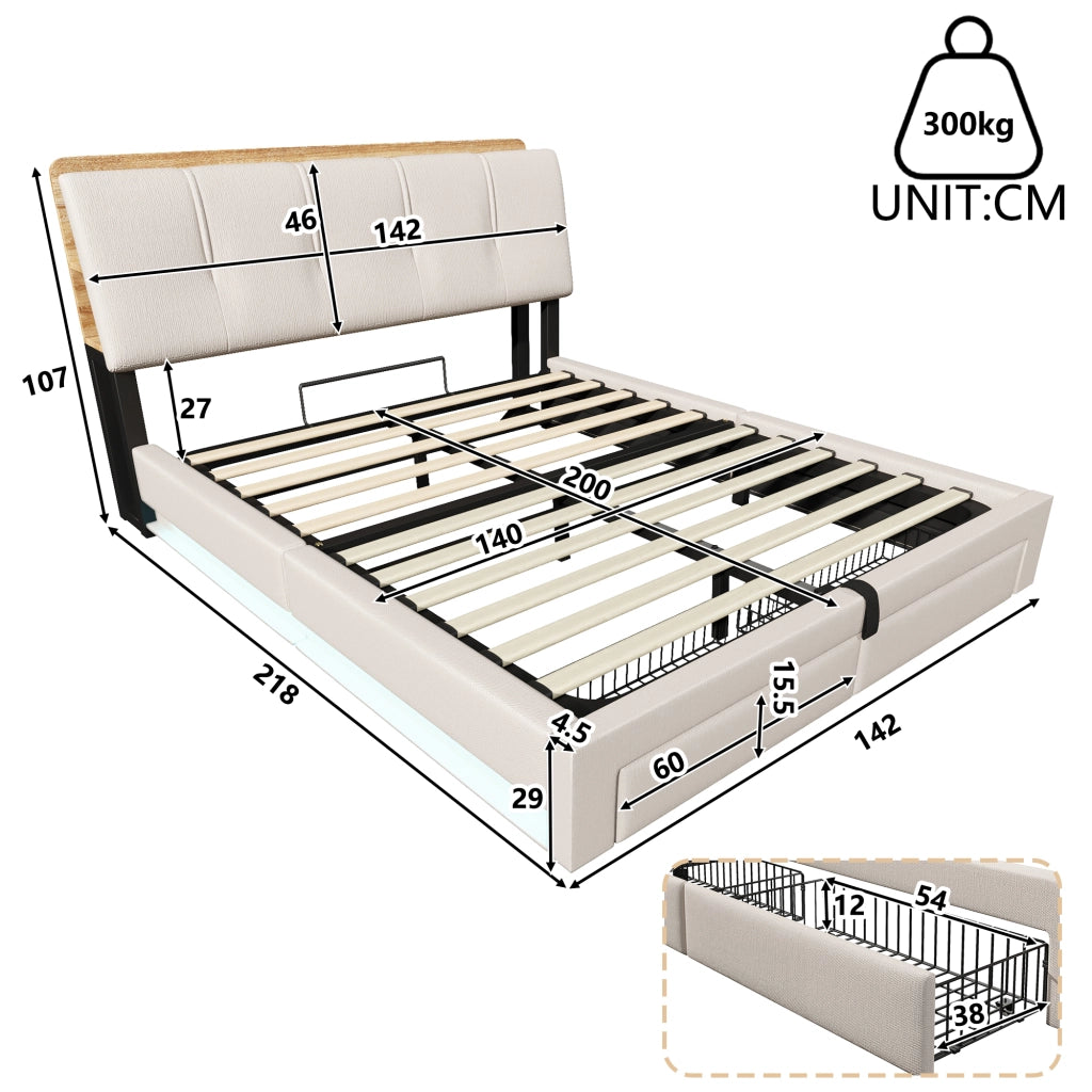Letto contenitore 140x200 cm in lino beige con cassetti; testiera portaoggetti; LED e USB-C