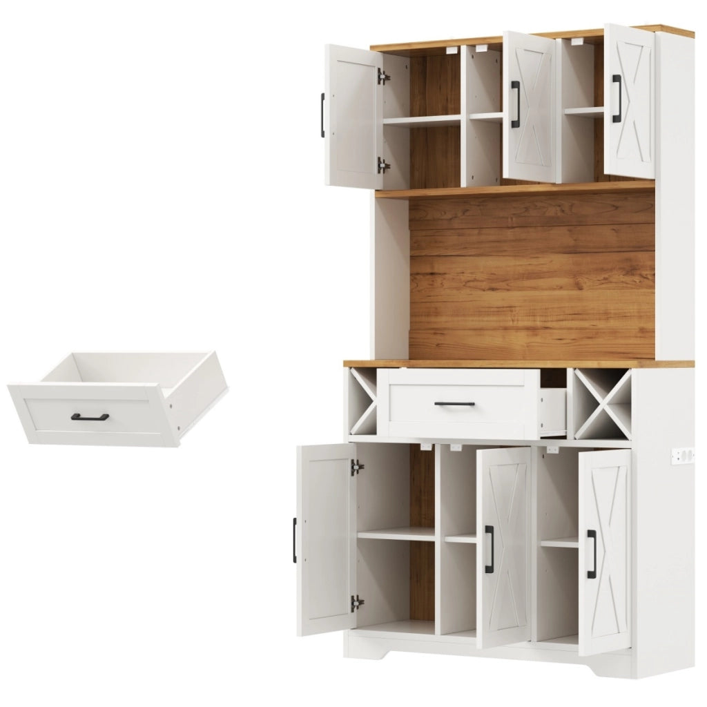 Credenza da cucina 105x40x180 cm con LED RGB e portabottiglie in MDF naturale e bianco