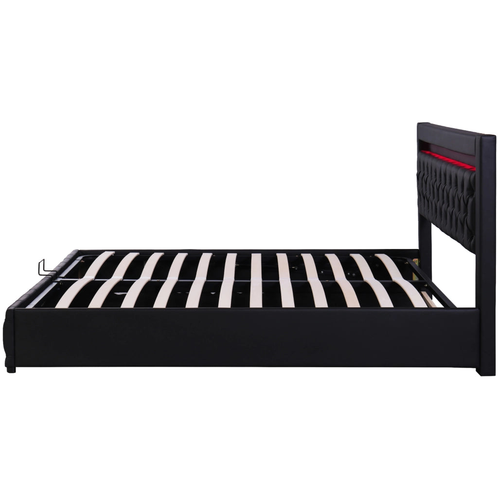 Letto imbottito 140x200 cm con contenitore e LED; in PU nero