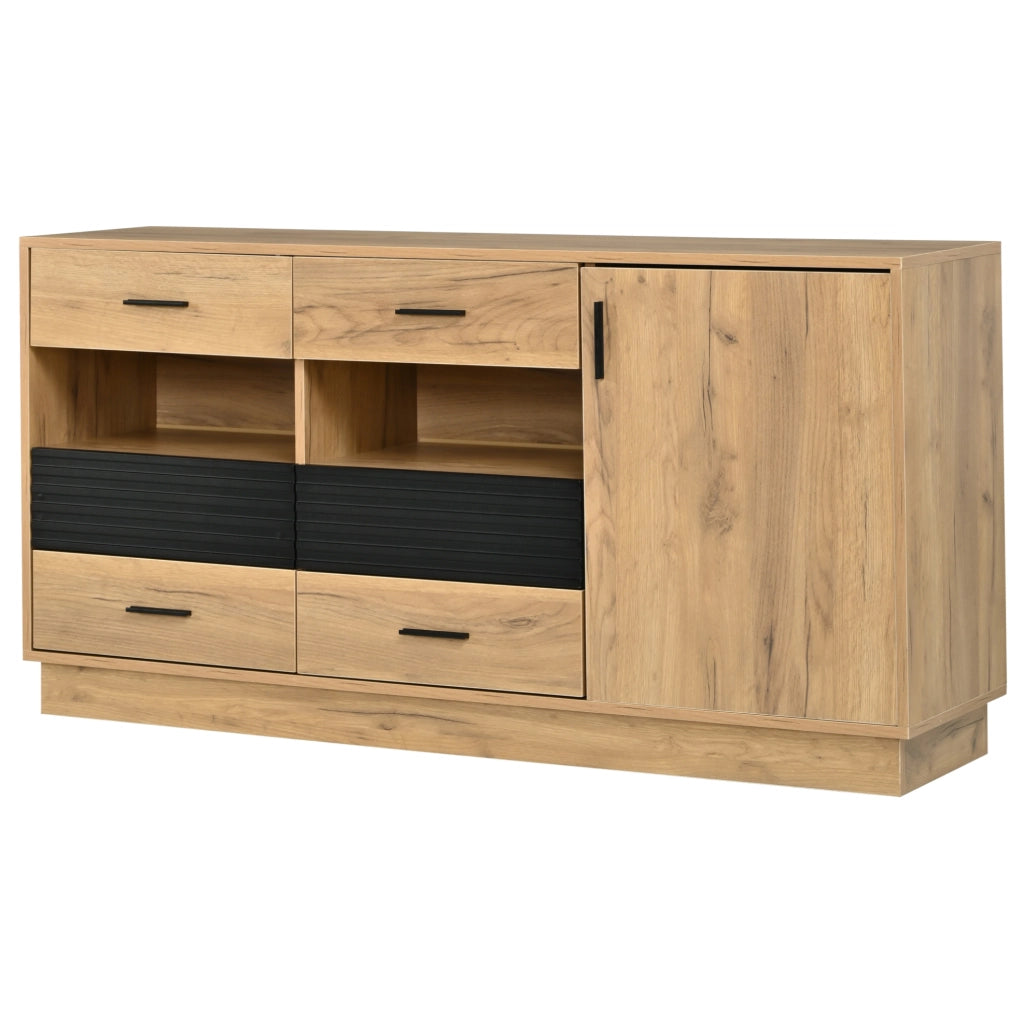 Credenza ULEVR 140x35x70 cm con 6 cassetti e 1 anta, mobile contenitore in MDF effetto rovere