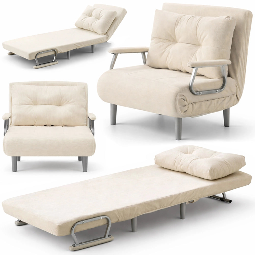 Poltrona Divano Letto Singolo Reclinabile Beige Rivestimento in Velluto a Coste