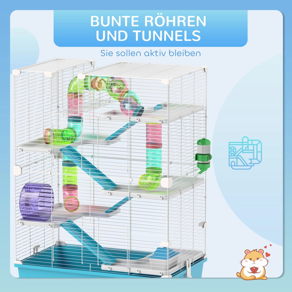 Gabbia per criceti a sei livelli con torri doppie; tubi e accessori in plastica azzurro chiaro 58 × 36 × 81 cm
