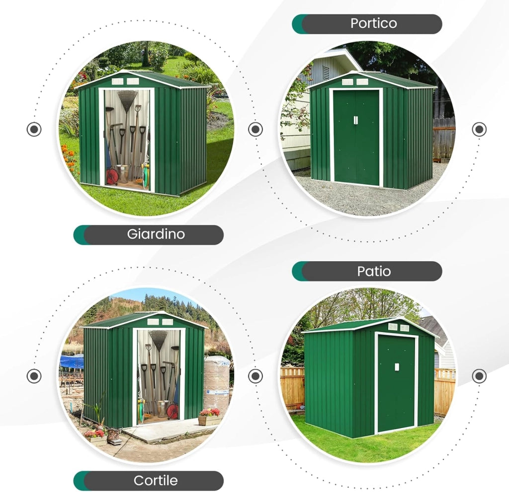 Casetta da Giardino in Acciaio 2,7㎡, con Base, Porte Scorrevoli, Maniglie, Sfoghi e Tettoia, Capanno da Esterno per Giardino, Fattoria e Cortile, 213 x 127 x 185 cm (Verde Scuro)