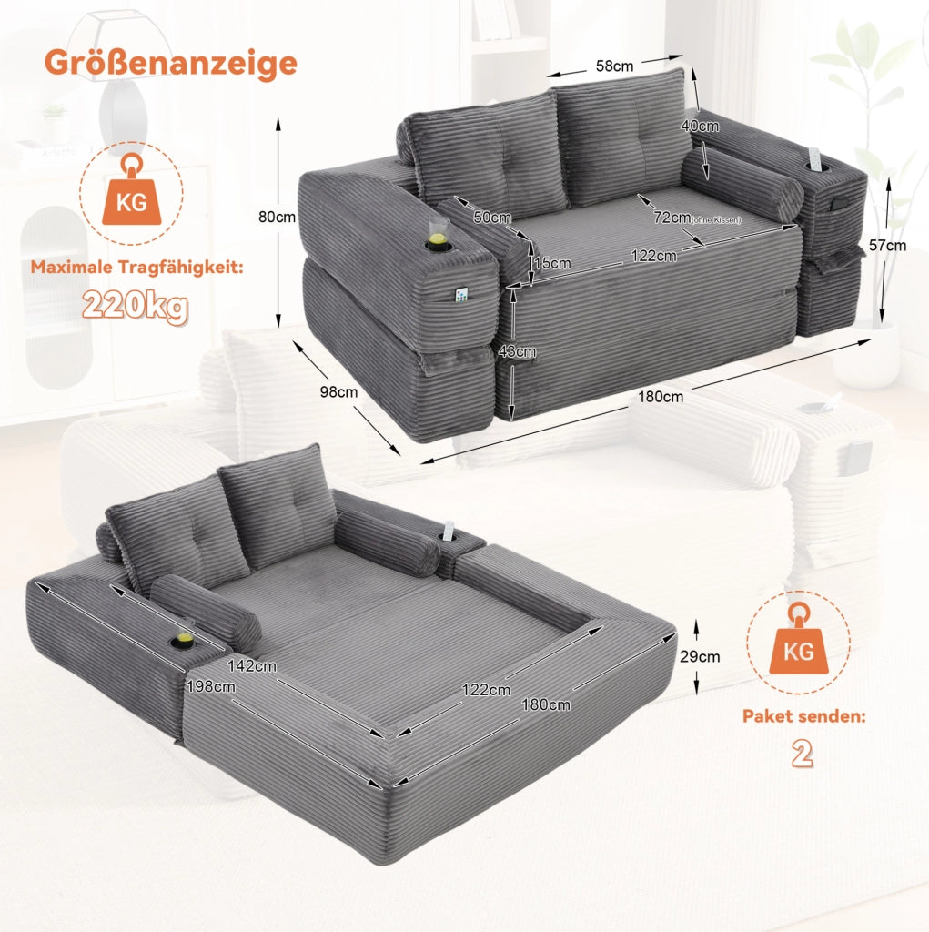 Divano letto in corduroy a due posti con schiuma ad alta densità e molle, con cuscini memory e porta bevande, facile da montare