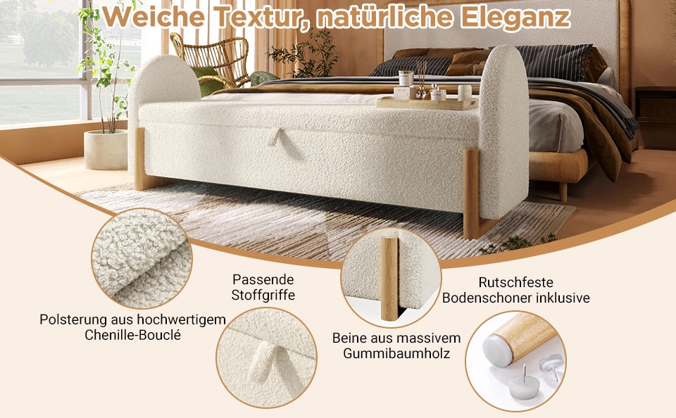 Panca Contenitore Bianca 186x47x61 cm con Rivestimento in Tessuto Chenille Bouclé e Gambe a U in Legno di Gommifero