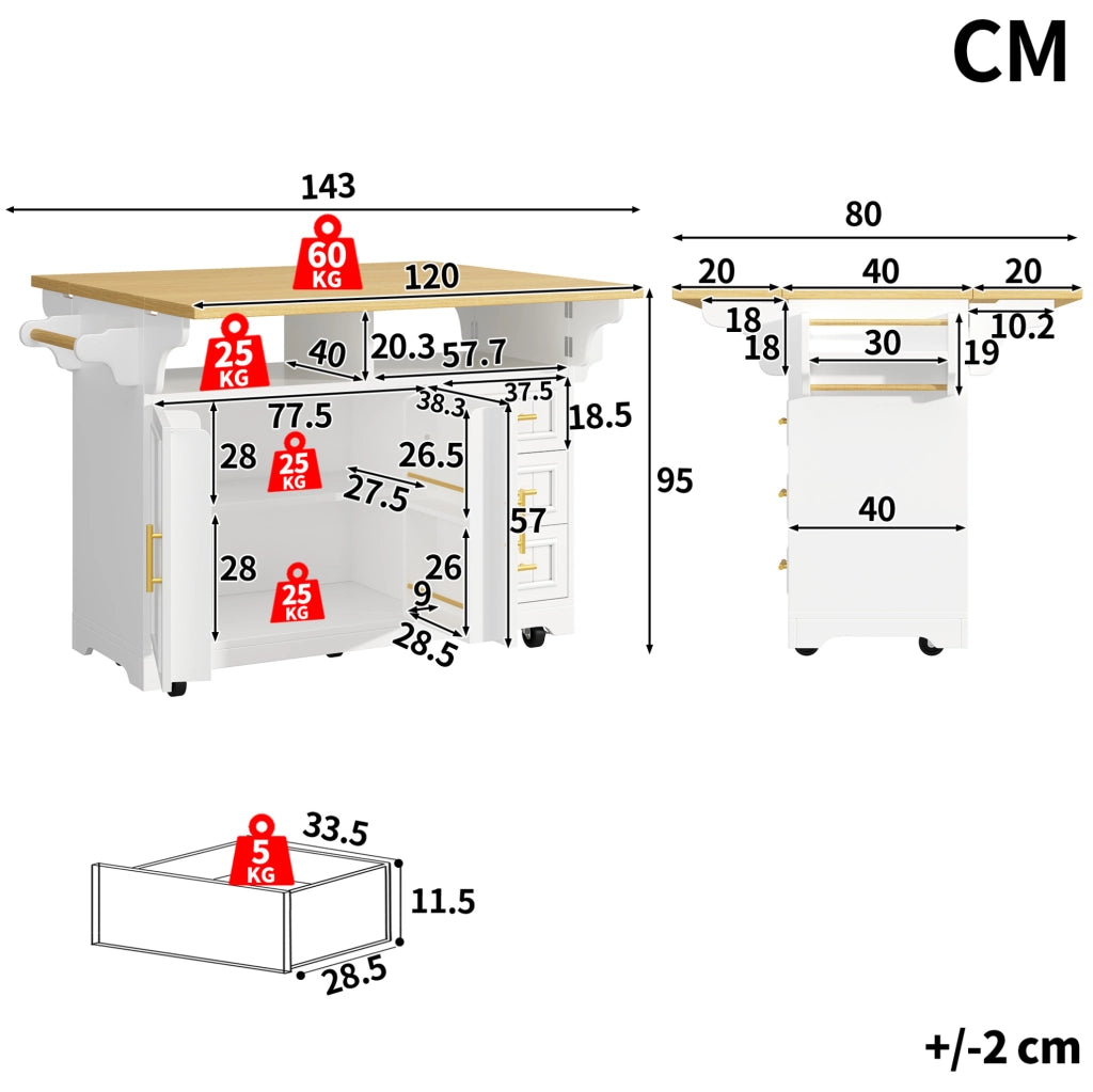 Isola da cucina ULEVR 120x40/80x95 cm con piano ribaltabile, 3 cassetti, ruote e ripiani regolabili, bianco effetto rovere