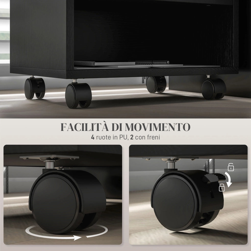 Mobile Porta Stampante a 2 Livelli con 3 Scomparti e Ruote per Ufficio e Studio, 40x30x36cm, Nero