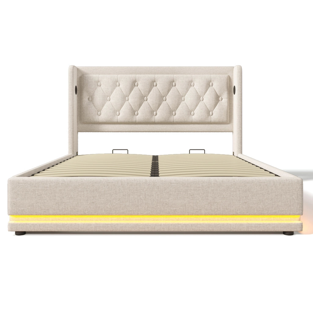 Letto matrimoniale contenitore beige 160 x 200 cm con rete sollevabile