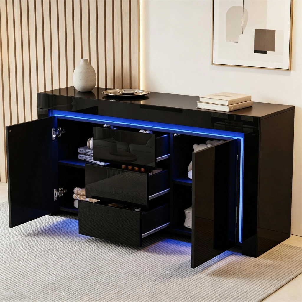 Credenza e madia con LED, 2 ante, 3 cassetti e ripiani regolabili, per soggiorno, in MDF nero, 140 × 40 × 65 cm