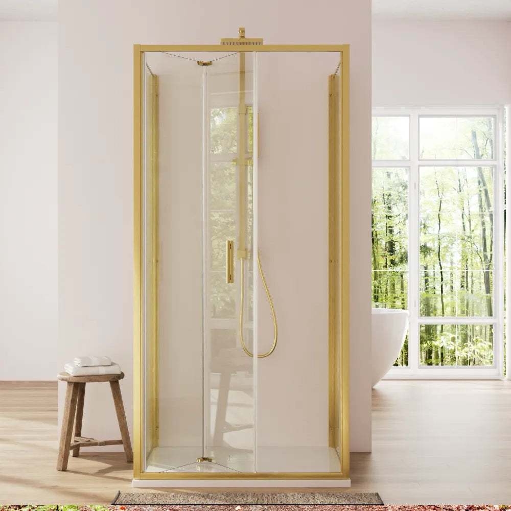 Box doccia 3 lati 70x100x70cm con porta a libro profili oro spazzolato vetro 6mm trasparente anticalcare h190| Portofino