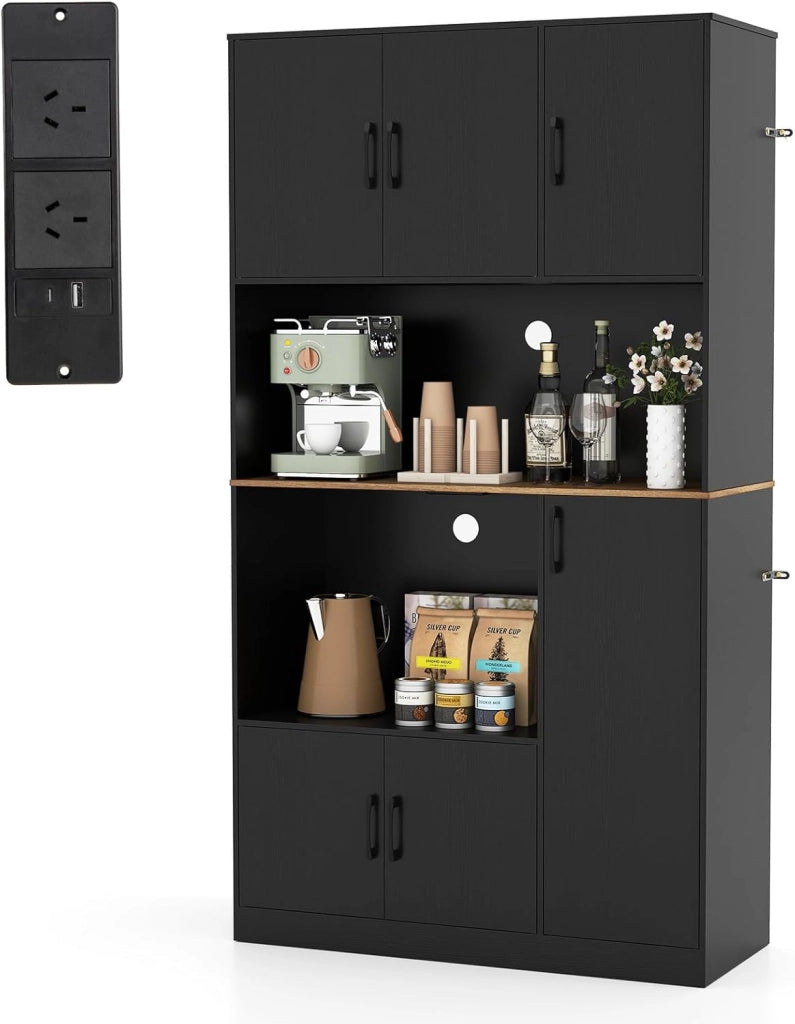 Armadio Dispensa Alto 180 cm, Credenza da Cucina con Presa di Corrente e 4 Ante, per Cucina, Sala da Pranzo e Soggiorno, 100 x 40 x 180 cm (Nero)