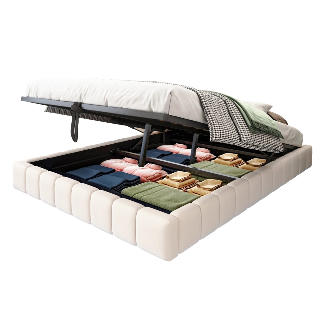 Letto imbottito 140x200 cm con contenitore; LED regolabile e struttura effetto sospeso beige