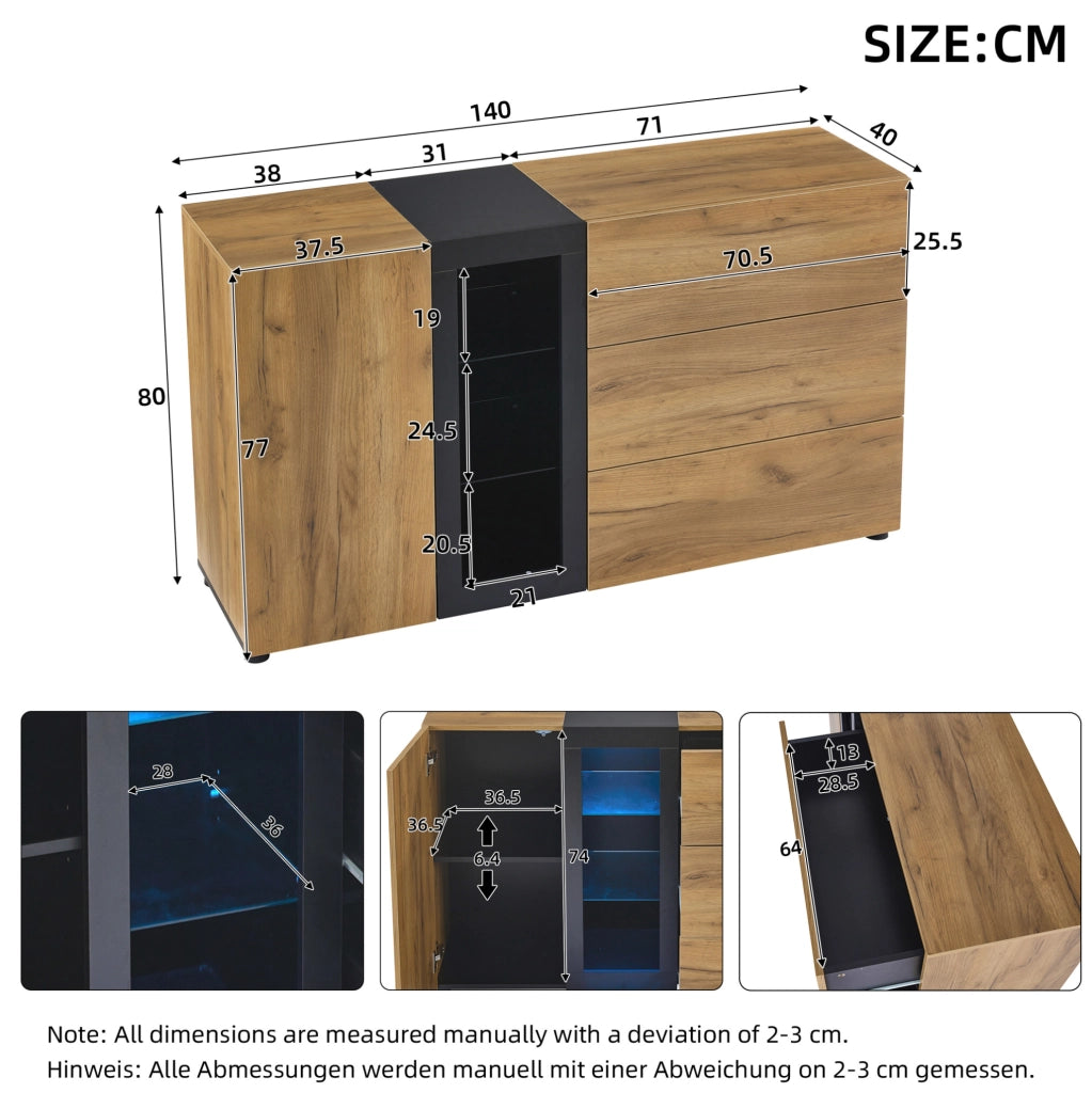 Credenza 140x40x80 cm con 3 cassetti, LED RGB e ripiani in vetro nero e marrone