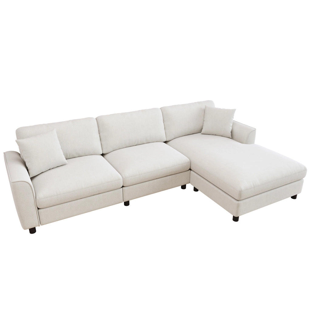 Divano angolare modulare beige in chenille con letto largo 90 cm e struttura in legno e metallo, 256×137×79 cm