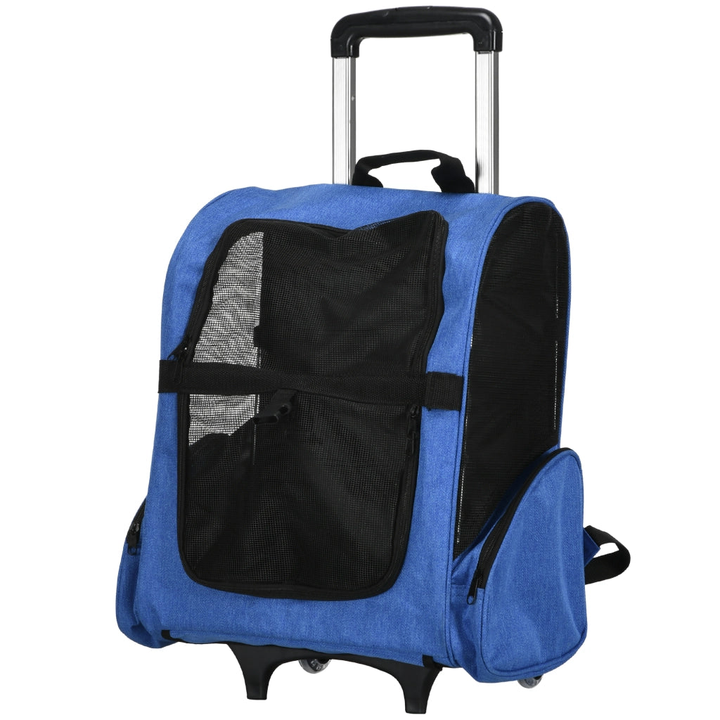 Trasportino Zaino 2 in 1 per Cani e Gatti, Blu, Tessuto Oxford Resistente, Maniglia Telescopica, Ruote e Tasche, 42x25x55cm, Pratico
