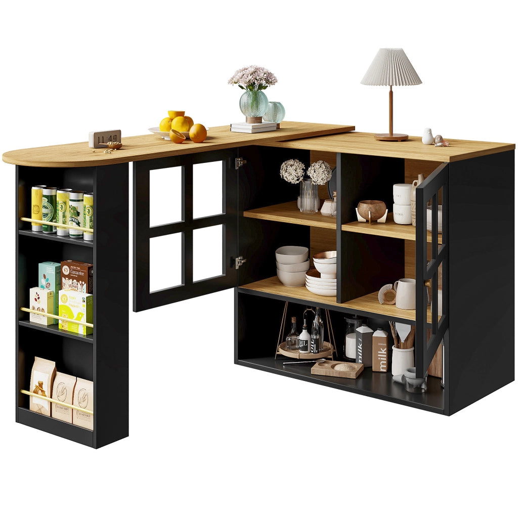 Credenza girevole 360° con ante in vetro temperato, ripiani regolabili e struttura in MDF 138-204 cm