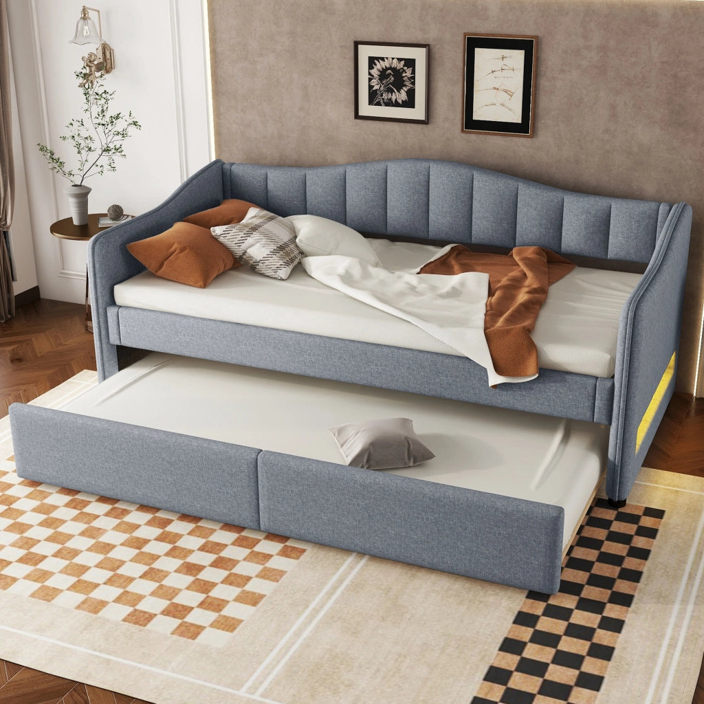 Daybed grigio in lino 90x200 cm con letto estraibile, luce LED ambiente regolabile e rete a doghe, senza materasso