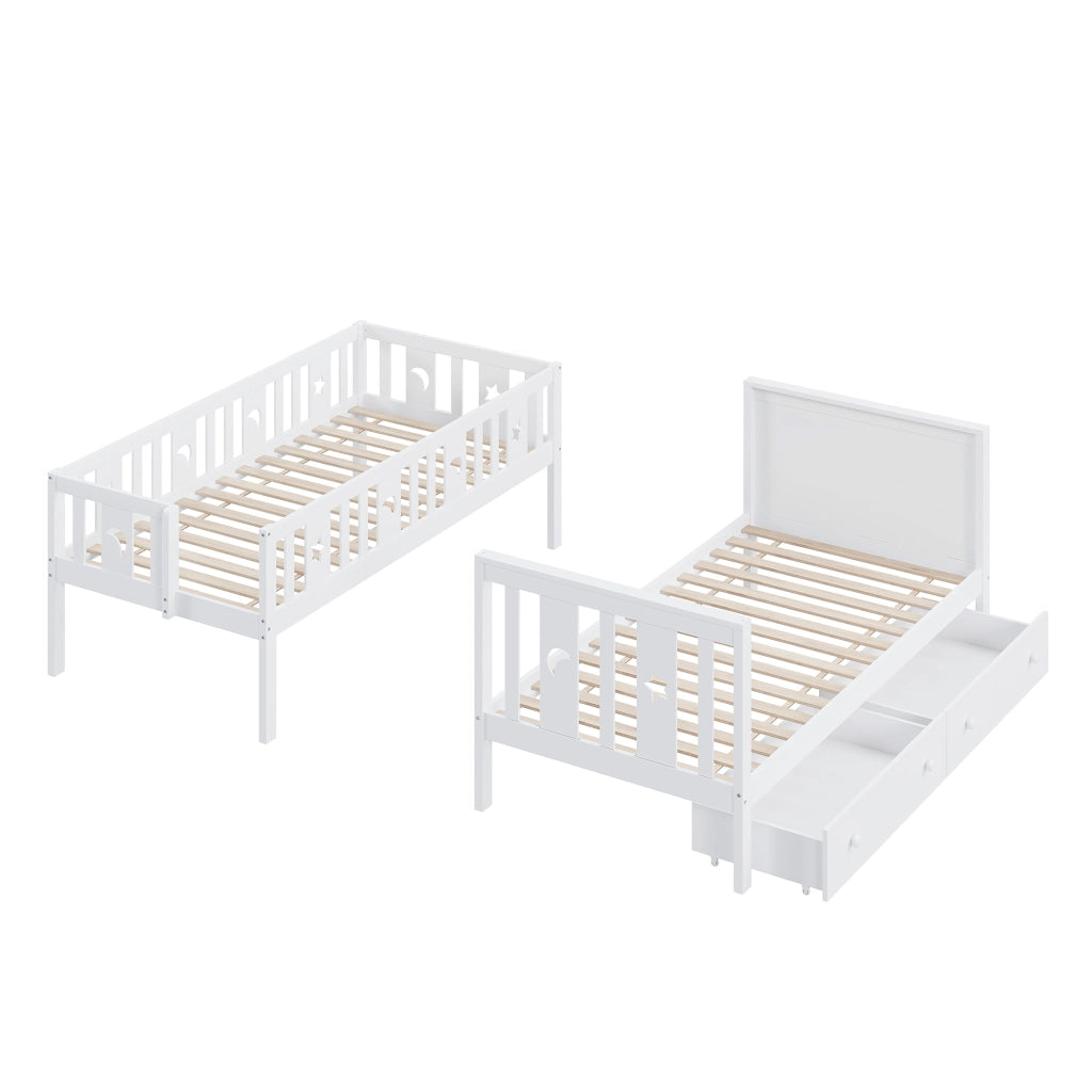 Letto a castello per bambini 90 × 200 cm in legno bianco con scala contenitore due cassetti e doghe