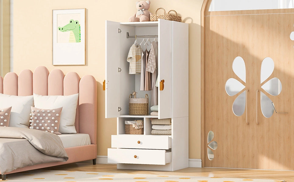 Armadio singolo bianco 70×50×170 cm con due cassetti, maniglie cartoon e piccoli vani portaoggetti