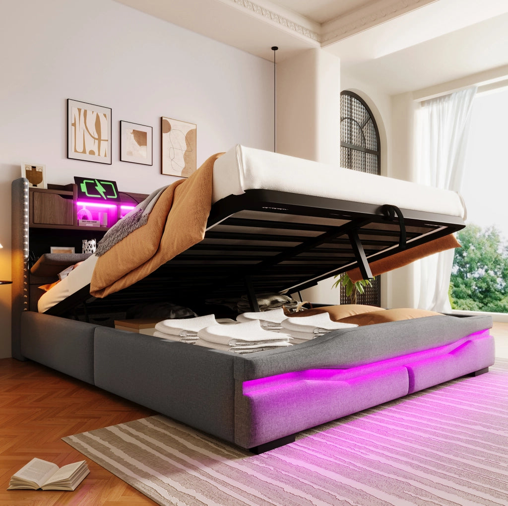 Letto imbottito 160x200 cm con contenitore idraulico, LED e USB-C grigio