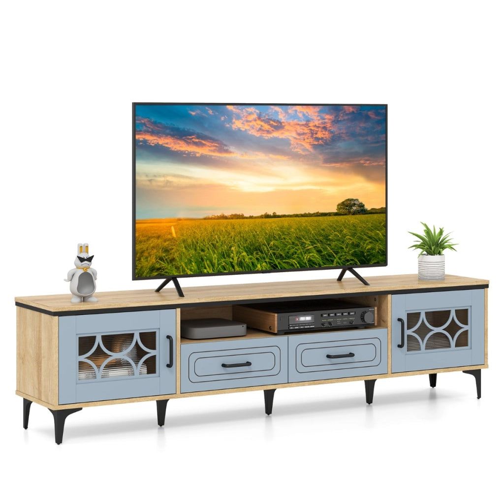 Mobile TV in legno per televisori fino a 80" consolle media per soggiorno, Mobile TV centro di intrattenimento da 180,5 cm Blu