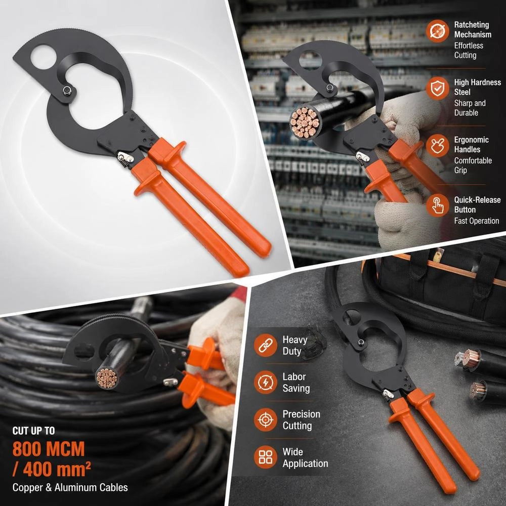 Ratcheting Cable Cutter, Spring Steel Blades With PVC-Coated Handles, Quick-Release Button, Heavy Duty Ratchet Cable Wire Cutter For Cutting Copper & Aluminum Cables Up To 800 MCM / 400 Mm²