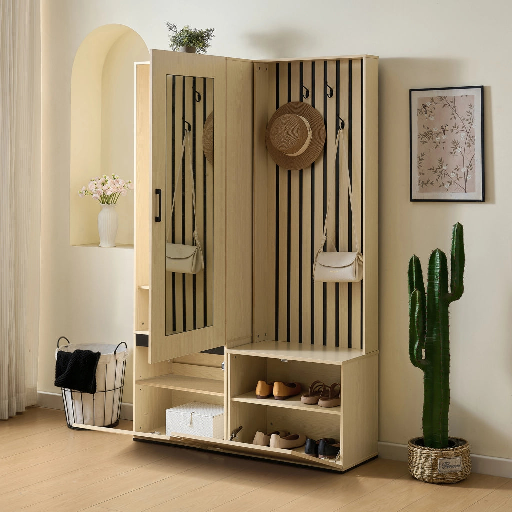 ARMADIO Guardaroba con specchio e panca 2 in 1, MDF colore legno