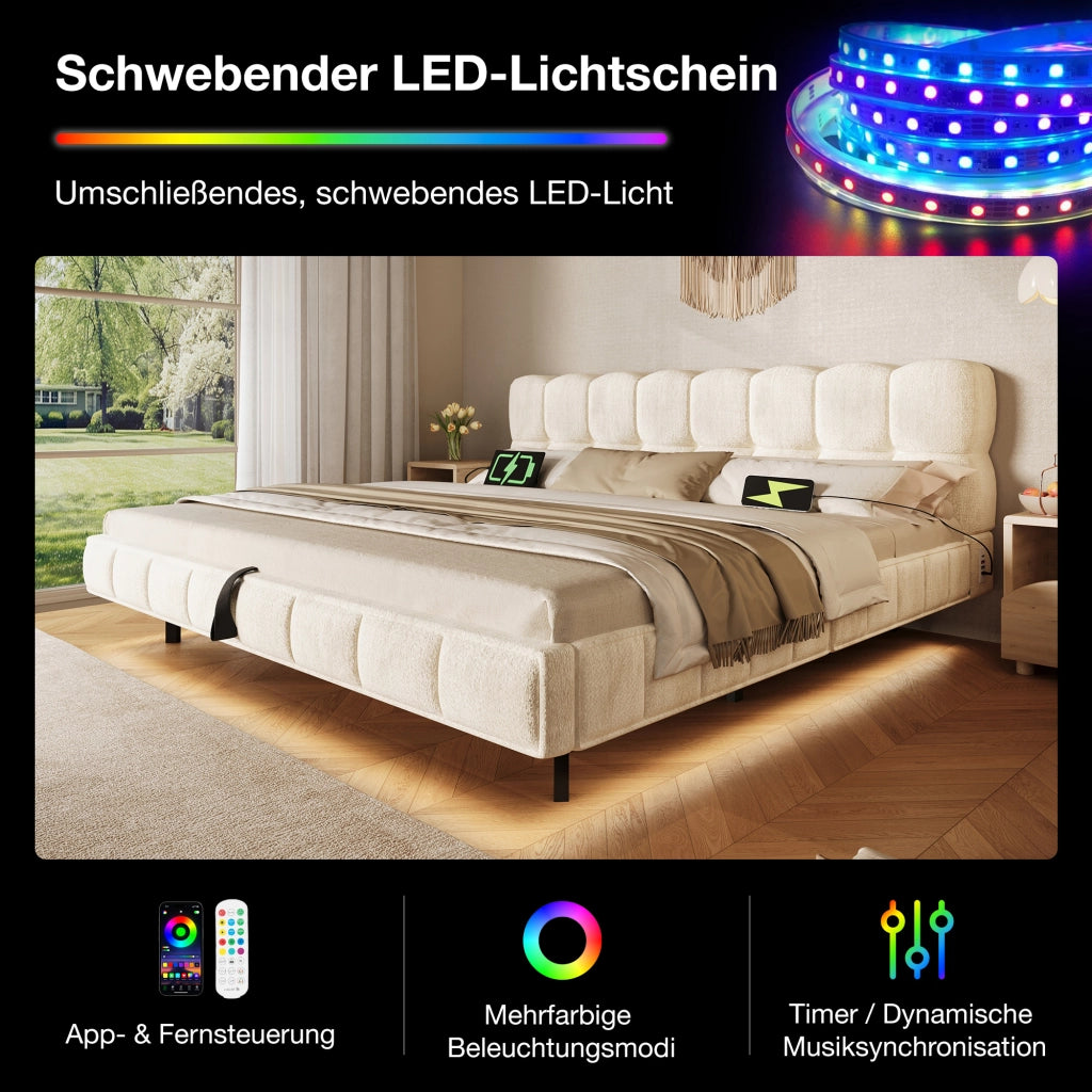 Desviae Letto matrimoniale 140 × 200 cm con contenitore LED e ricarica USB Tipo-C in chenille beige con rete a doghe