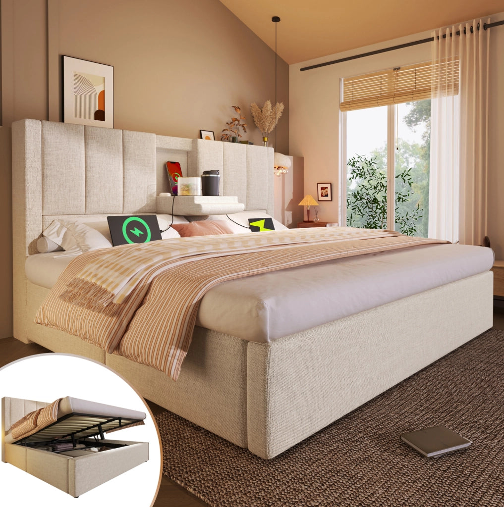 Letto matrimoniale 180x200 cm in lino beige con contenitore; testiera con portabicchieri e stazione di ricarica