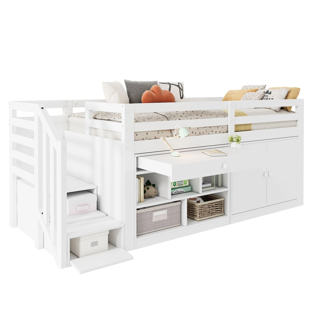 Letto per bambini 90 × 200 cm con scala, armadi e cassetti trasformabili in scrivania, senza materasso, bianco