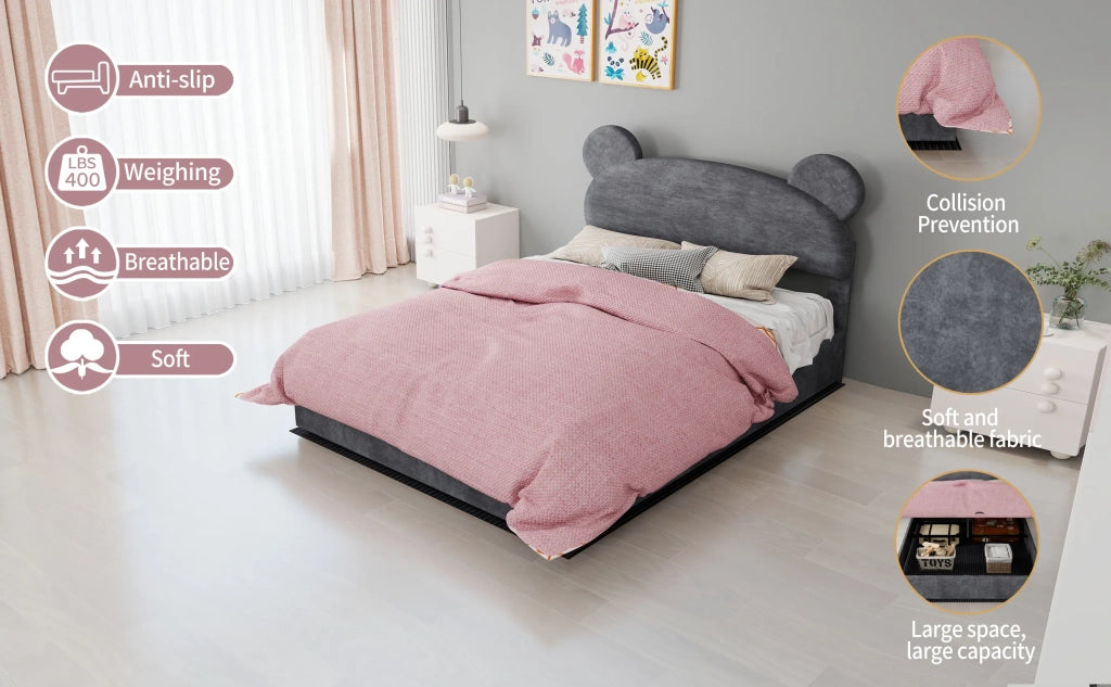 Letto imbottito moderno minimalista con testiera morbida a forma di cartone, 140x200 cm, grigio, base rialzata multifunzione con meccanismo a gas. Materasso non incluso.