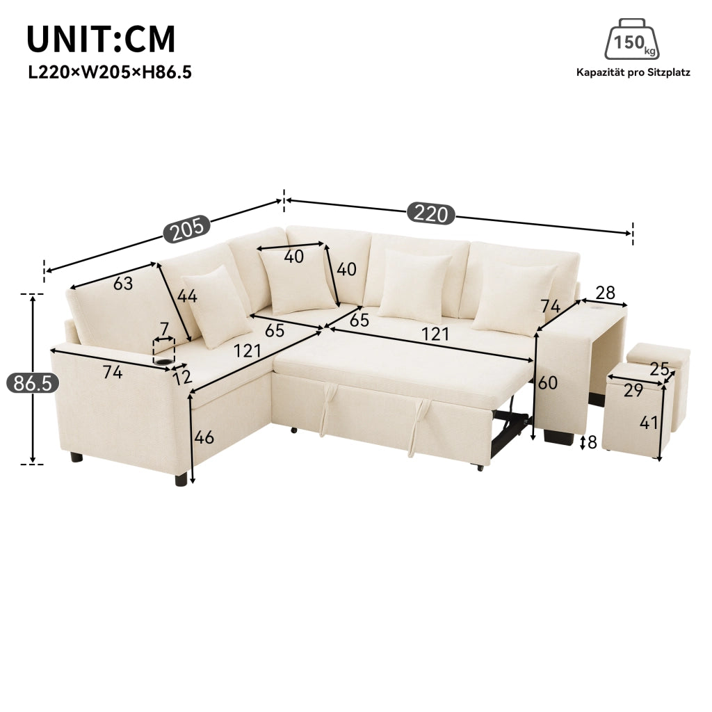 Divano letto angolare modulare a 5 posti in ciniglia beige con chaise longue reversibile vano contenitore e porte USB