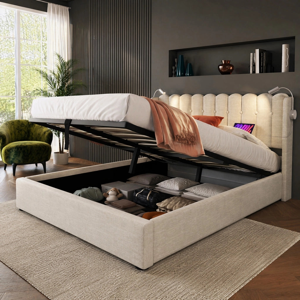 Letto matrimoniale 140x200 cm in lino naturale con contenitore, luce lettura e USB