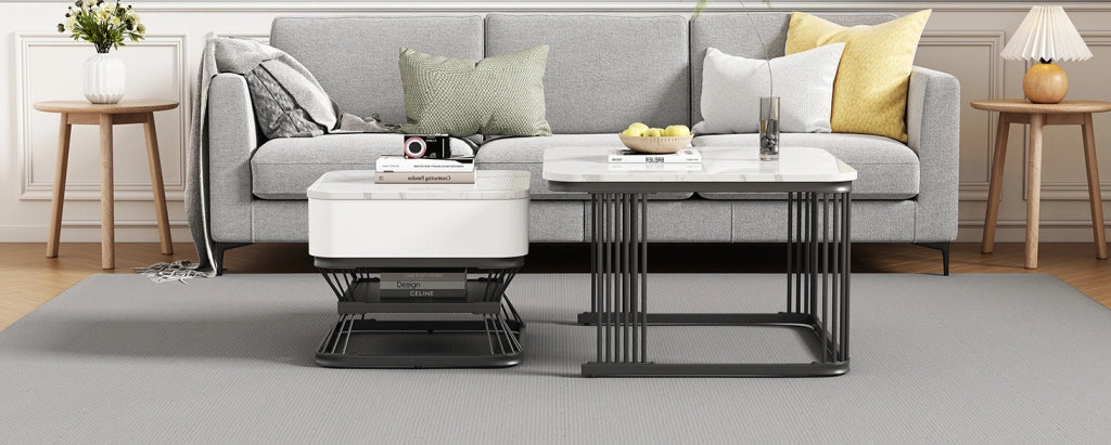 Set di 2 Tavolini da Salotto con Ripiano in Imitazione Marmo Lucido e Telaio in Metallo Nero, 70x70x45 cm + 50x50x40 cm, Bianco e Nero