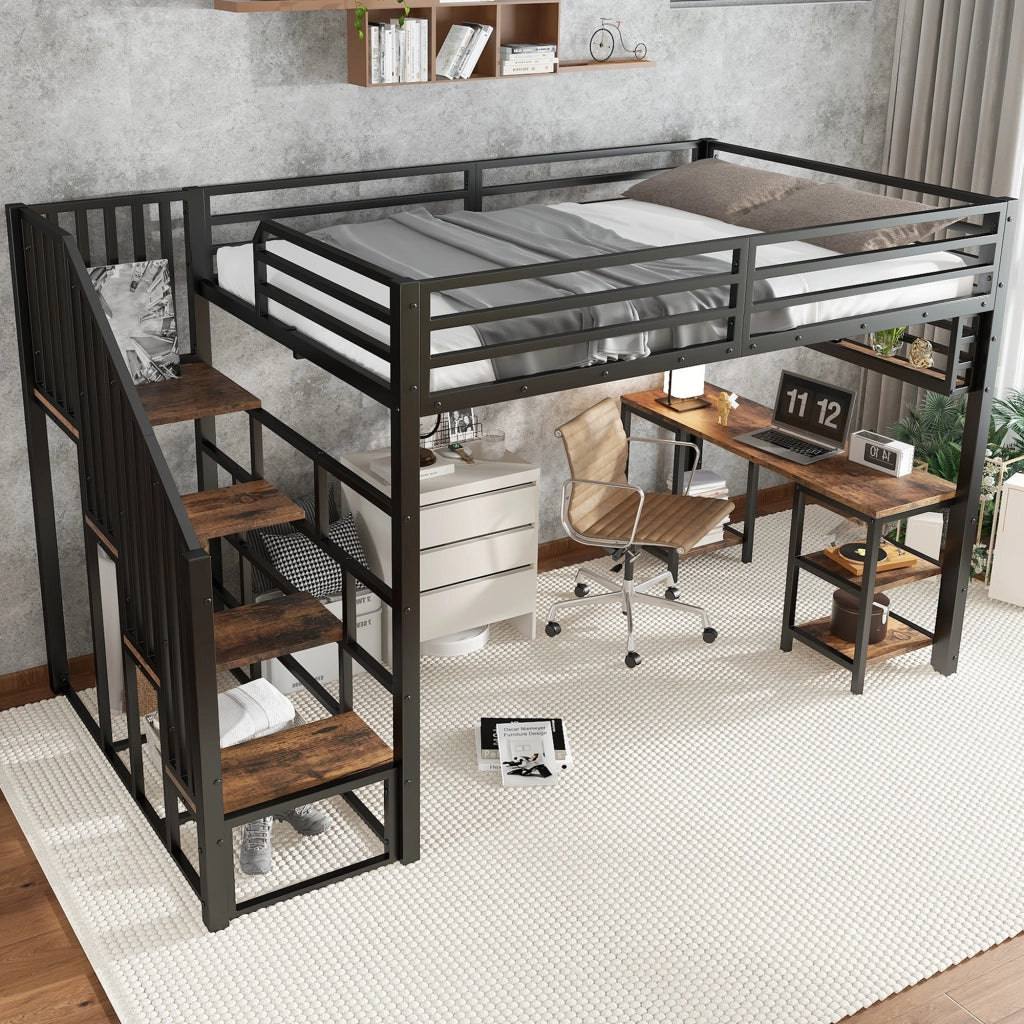 Letto a soppalco per bambini 120 × 200 cm con scrivania scaffale scale con corrimano metallo e legno nero noce scuro