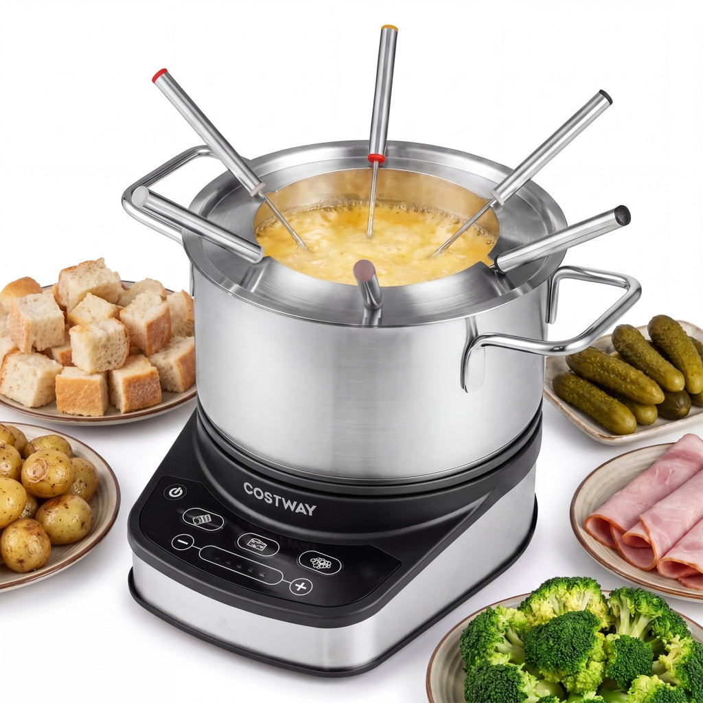 Set fonduta elettrica 3 l temperatura regolabile in acciaio inox rimovibile e lavabile, Fondue con 6 forchette pentola antiaderente e paraspuzzi