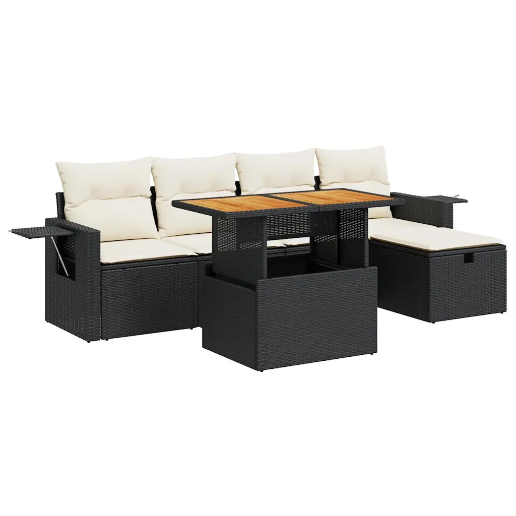 Set Divano da Giardino 6 pz con Cuscini Nero Polyrattan Acacia 3328022