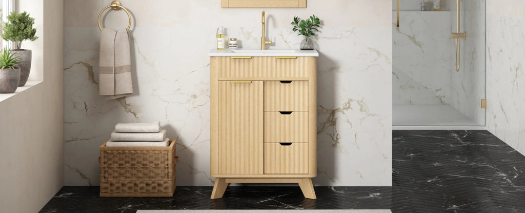 Mobile bagno 61 cm con effetto onde in legno naturale, 3 cassetti estraibili e anta scorrevole con ripiano, lavabo in ceramica incluso