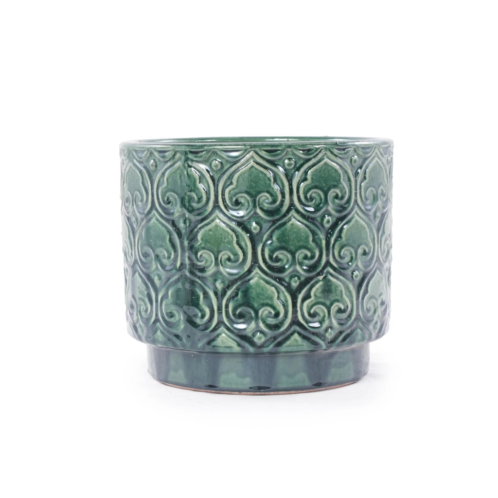 Vaso in Ceramica Artigianale Ø38 cm Verde Smeraldo Lucido con Decorazione a Rilievo a Cuore, Drenaggio e Resistente al Gelo per Piante da Interno e Giardino