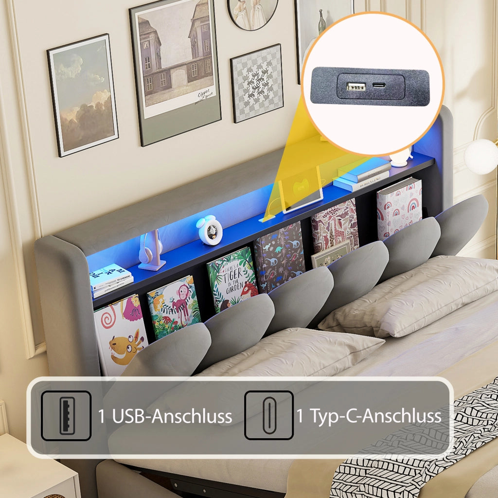 Letto matrimoniale con contenitore 180 × 200 cm imbottito in velluto con LED USB e Type-C grigio