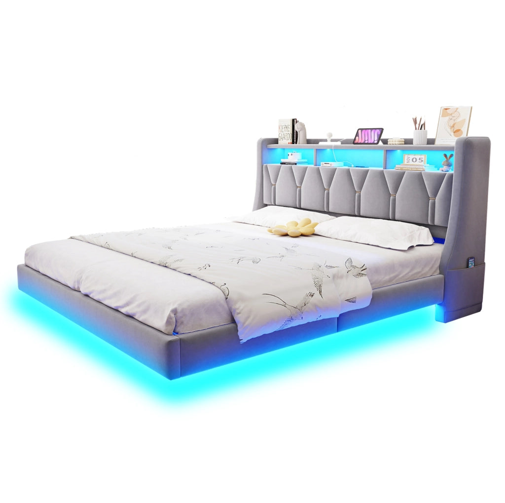 Letto imbottito 180x200 cm con testiera multifunzione, LED e prese integrate