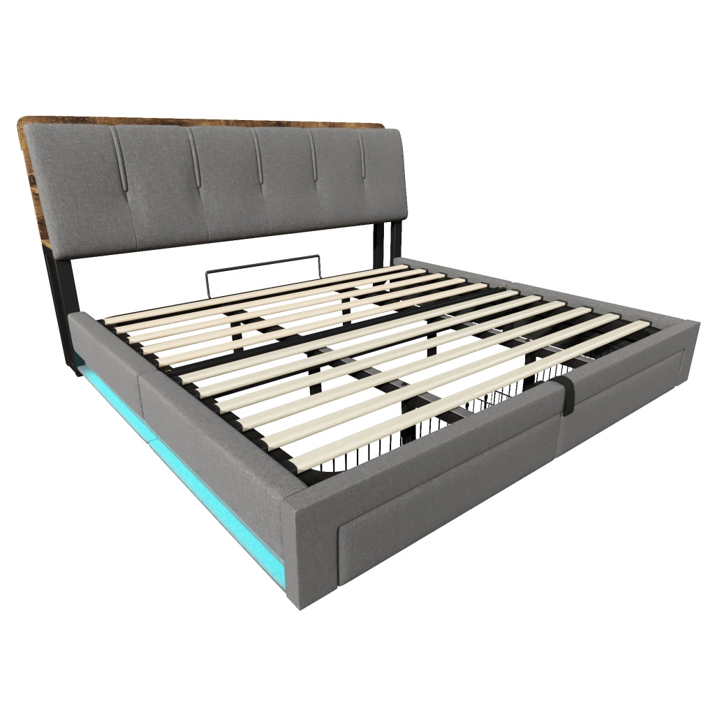 Letto contenitore 180 × 200 cm matrimoniale con 2 cassetti; USB; Type-C e LED regolabile; senza materasso; grigio