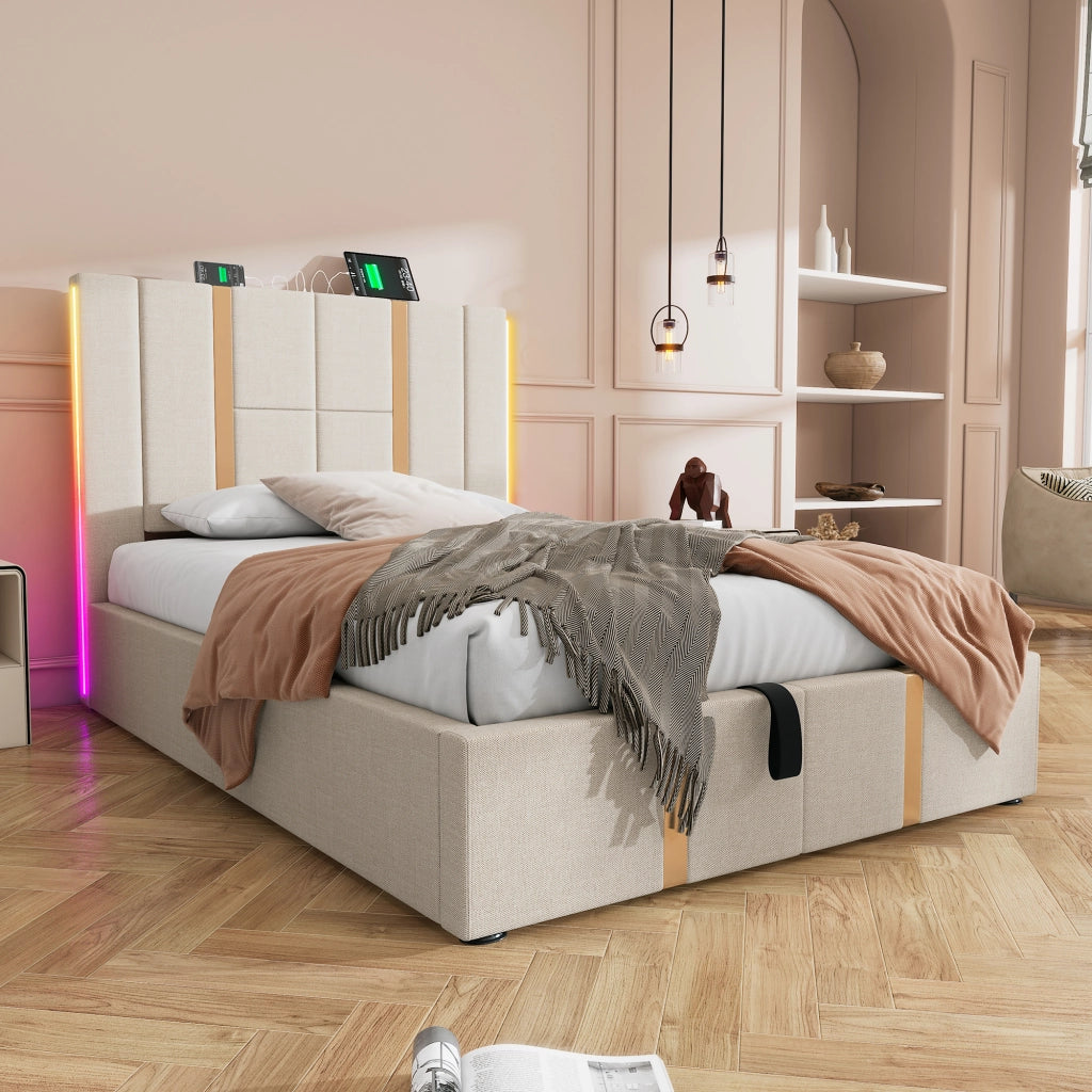 Letto singolo 90x200 contenitore beige con materasso
