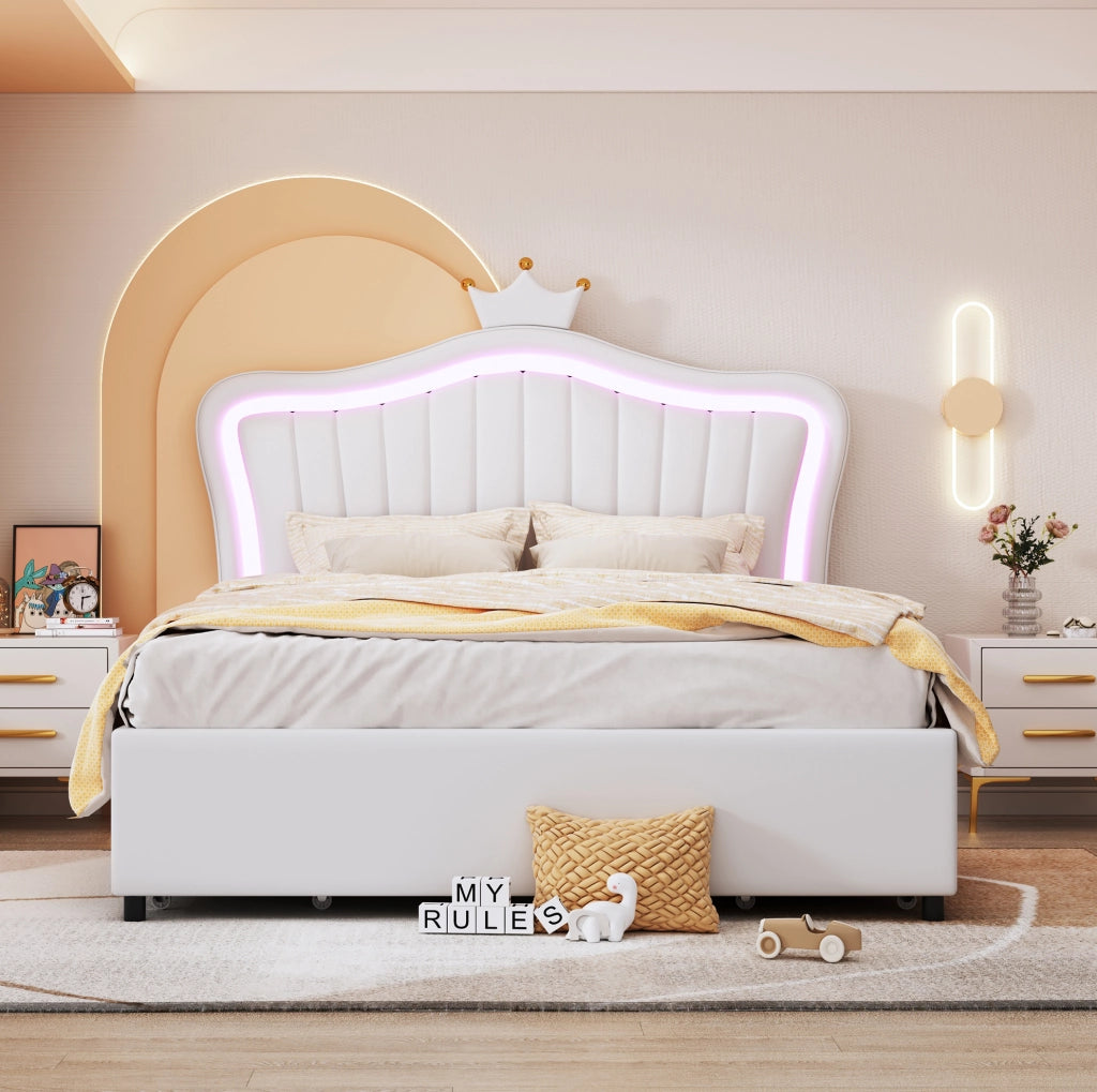 Letto imbottito a forma di conchiglia con LED e 4 cassetti