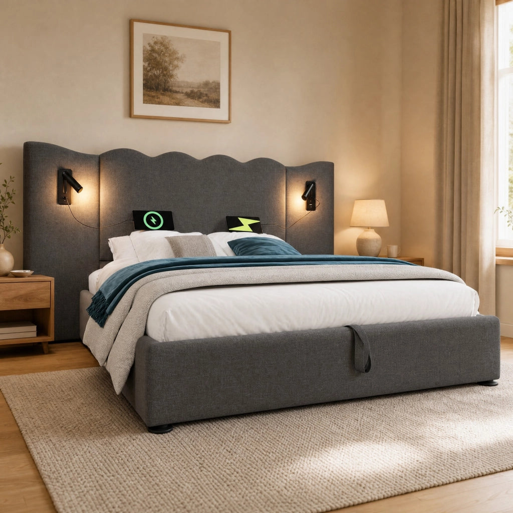 Letto contenitore 180 × 200 cm con testiera ondulata; luce orientabile; USB e Type-C; lino grigio