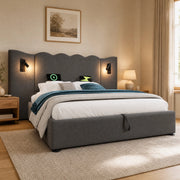 Letto contenitore 180 × 200 cm con testiera ondulata; luce orientabile; USB e Type-C; lino grigio