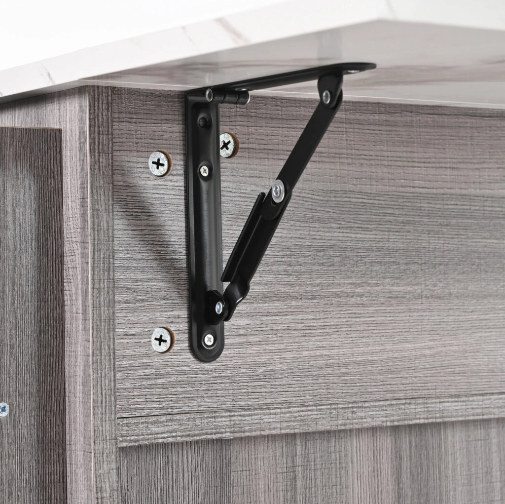 Carrello cucina multifunzione 139x46(71)x91,5 cm con ripiani interni, piano pieghevole e finitura effetto legno grigio e marmo bianco