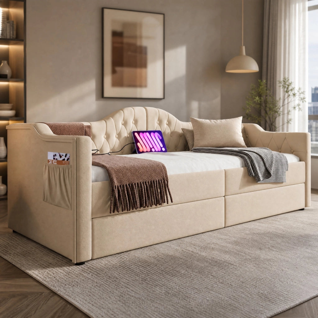 Daybed imbottito 90x200 cm con 2 cassetti; USB e Type-C; velluto beige