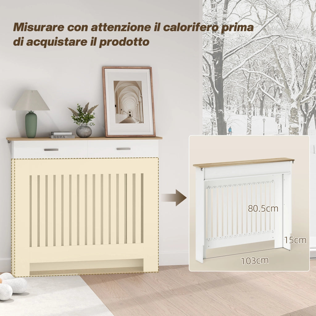Copritermosifone Moderno in Legno Bianco a Doghe con Cassetto Portaoggetti e Sistema Antiribaltamento, per Casa, 112x19x97 cm